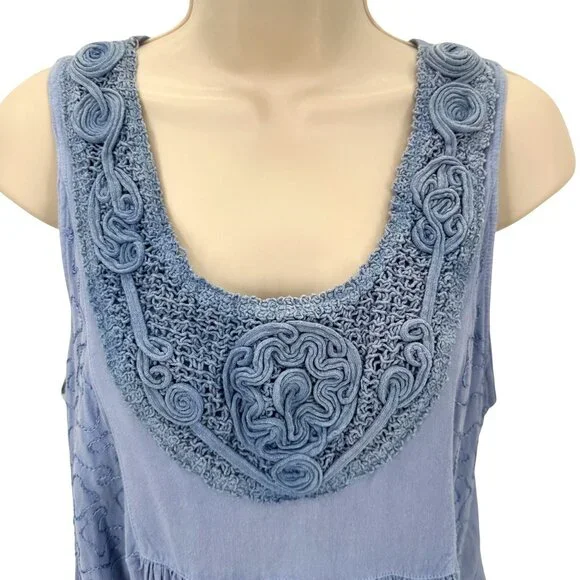 Just Cruisin Womens Blue Boho Embroidered Sleeveless Rayon Top Free Size - Picture 3 of 9